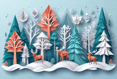 The primary subject of the image is a group of deer walking through a snowy forest. The setting is a winter landscape with snow-covered trees and a mountainous background. The visual style is a combination of digital art and illustration, creating a realistic and detailed representation of the scene. The colors and mood are predominantly cold and serene, with the snow and trees creating a peaceful and tranquil atmosphere.